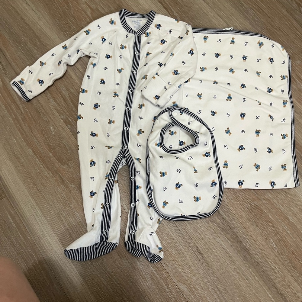 Polo by Ralph Lauren Baby Footed Sleeper, Bib & Blanket Set